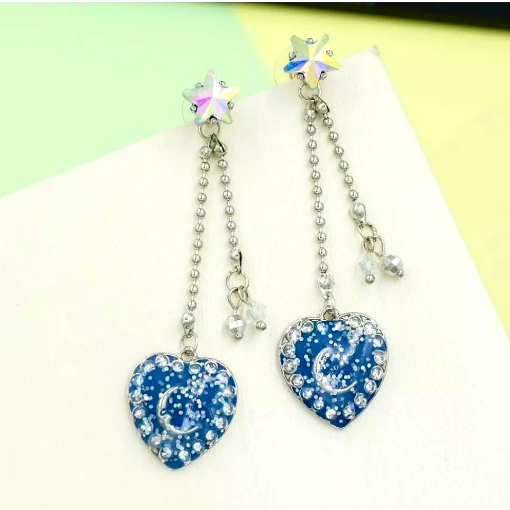 Silver Iridescent Crystal Star Heart Moon Tassle Drop Earrings With Silver Post